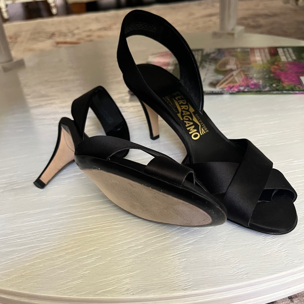 Salvatore Ferragamo black satin slingback heels 5.5 as new FIRM